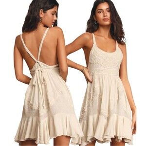 Free People Encrusted Ivory Mesh Embroidered Ruffled Mini Dress Size M